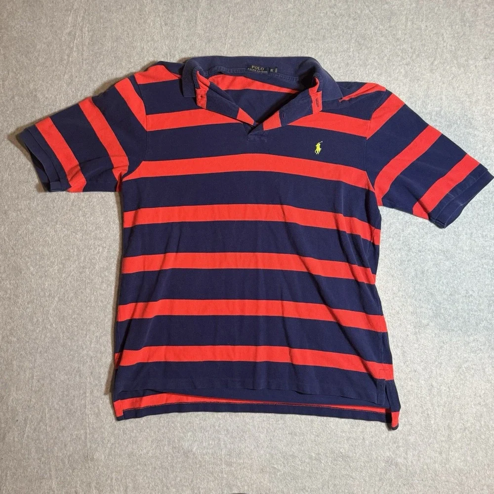 Polo Ralph Lauren Polo Shirt Mens XLT Navy Red Striped Pony Logo Embroidered